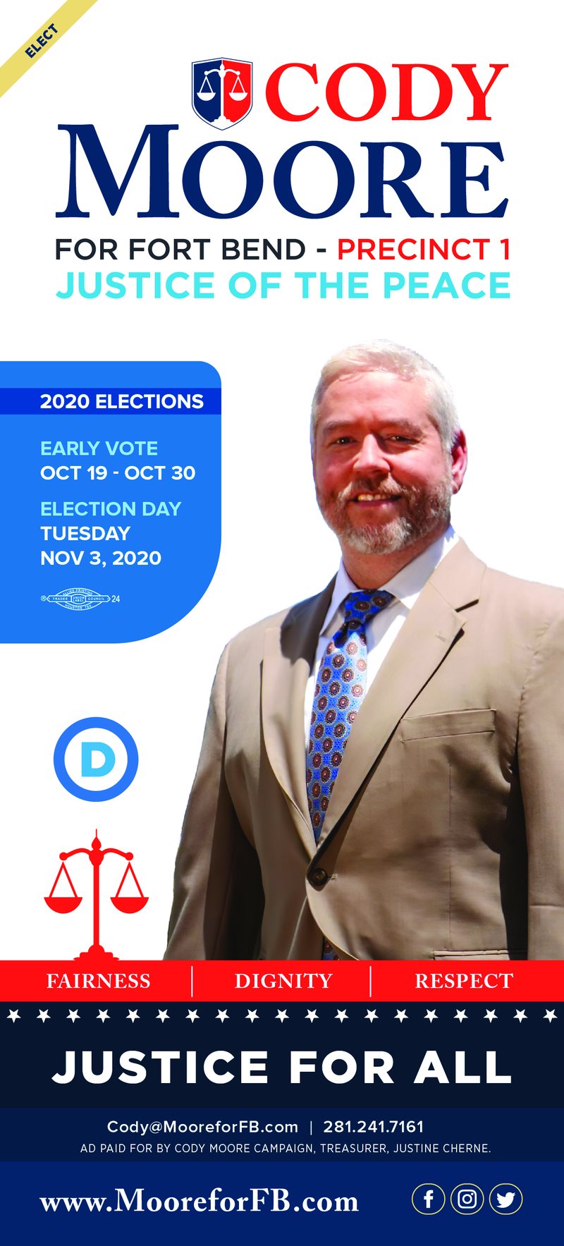 Cody Moore for Fort Bend Precinct 1 Justice of the Peace push card