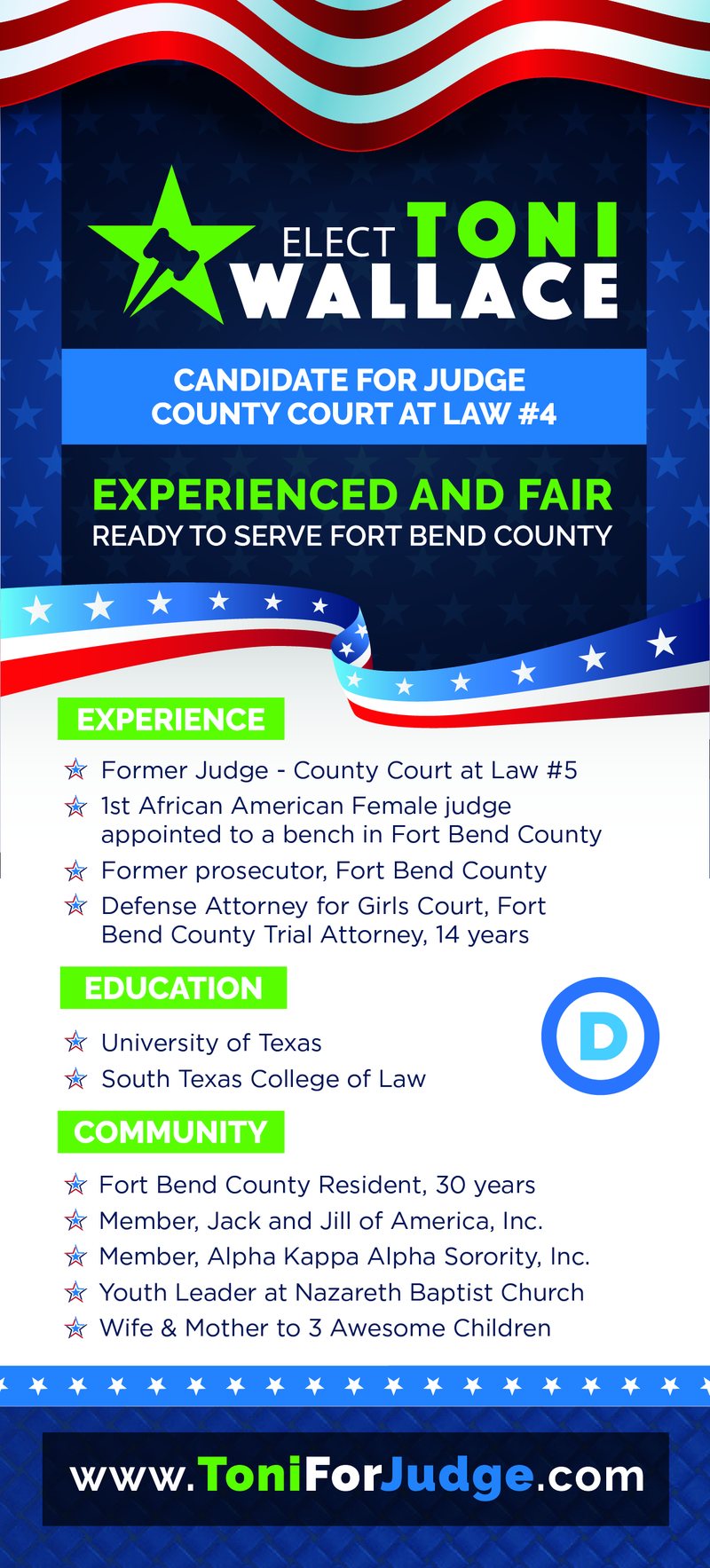 Elect Toni Wallace for Judge, County Court at Law No. 4 push card