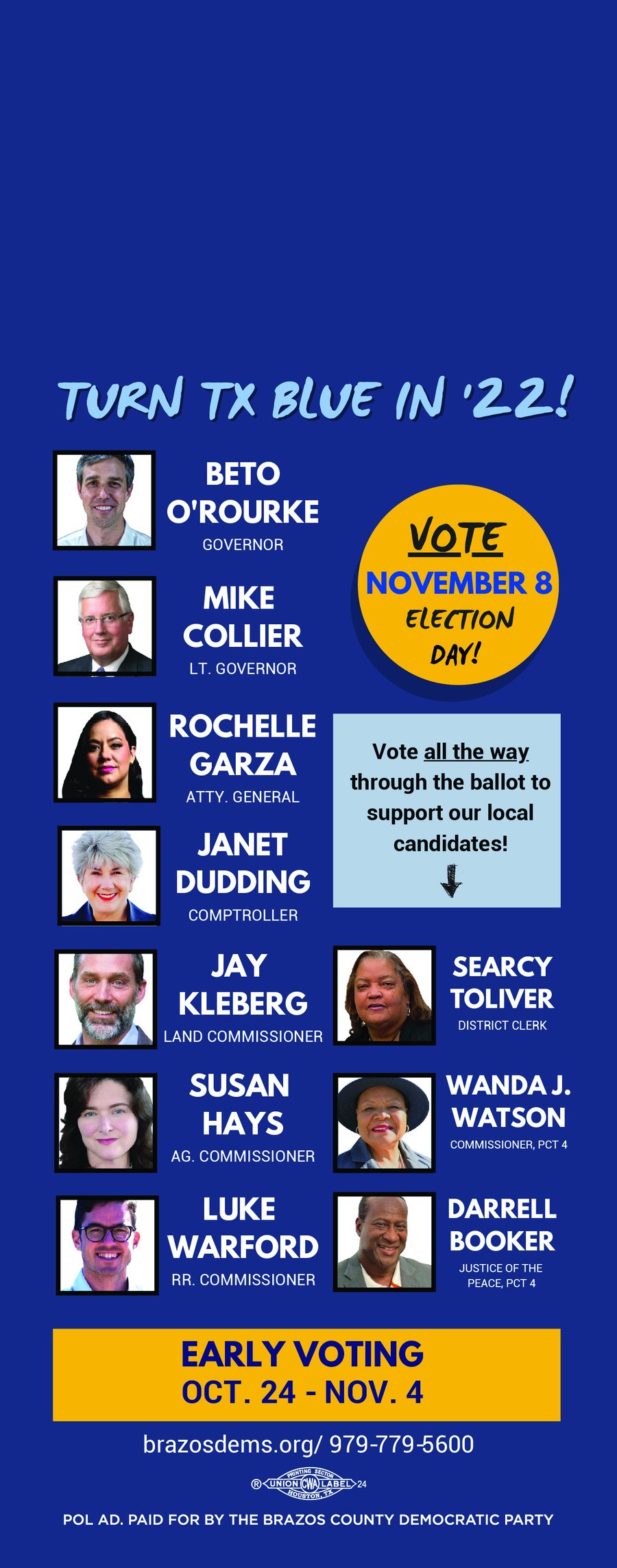 Brazos County Democratic Party slate mailer with local down-ballot candidates