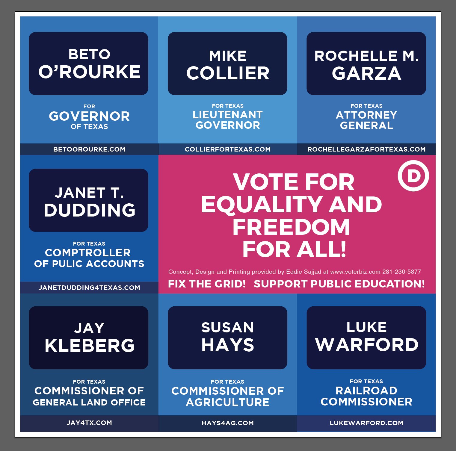 Statewide Texas Democratic slate sign featuring Beto O'Rourke, Mike Collier, Rochelle Garza and down-ballot candidates